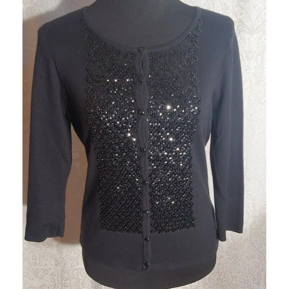 𝅺Talbots Petites Black Button Up Sequin Cardigan Silk Blend Size Small EUC SOFT